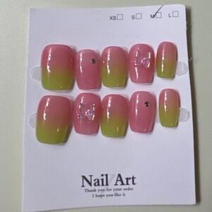 Pink Lime Green Ombre Press On Nails Medium Square Butterfly Rhinestone Nail Art
